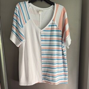 Striped V-Neck Women Top - White, Blue, Pink